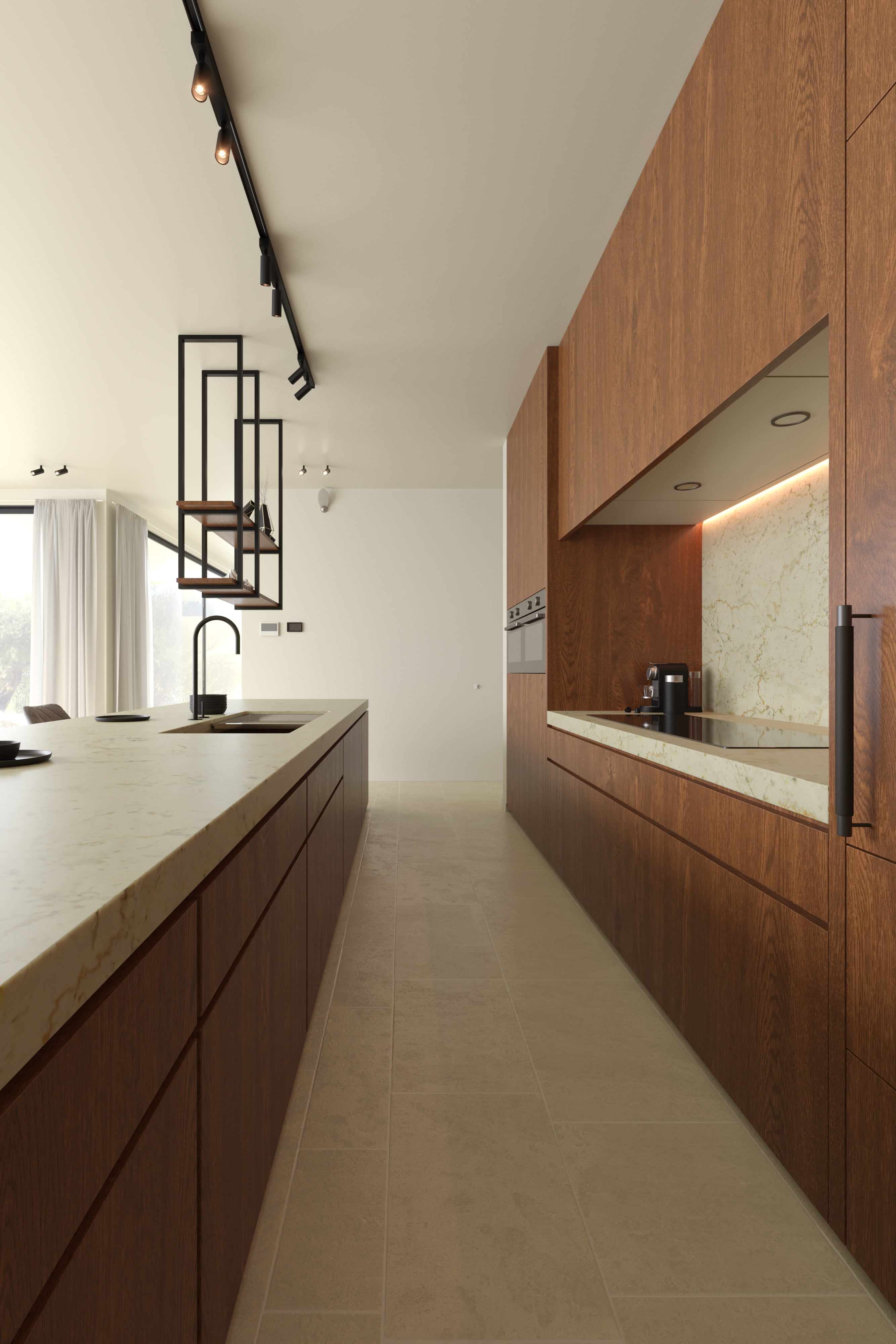 Modern Landelijk — photorealistic interior 3D render, natural wood and light