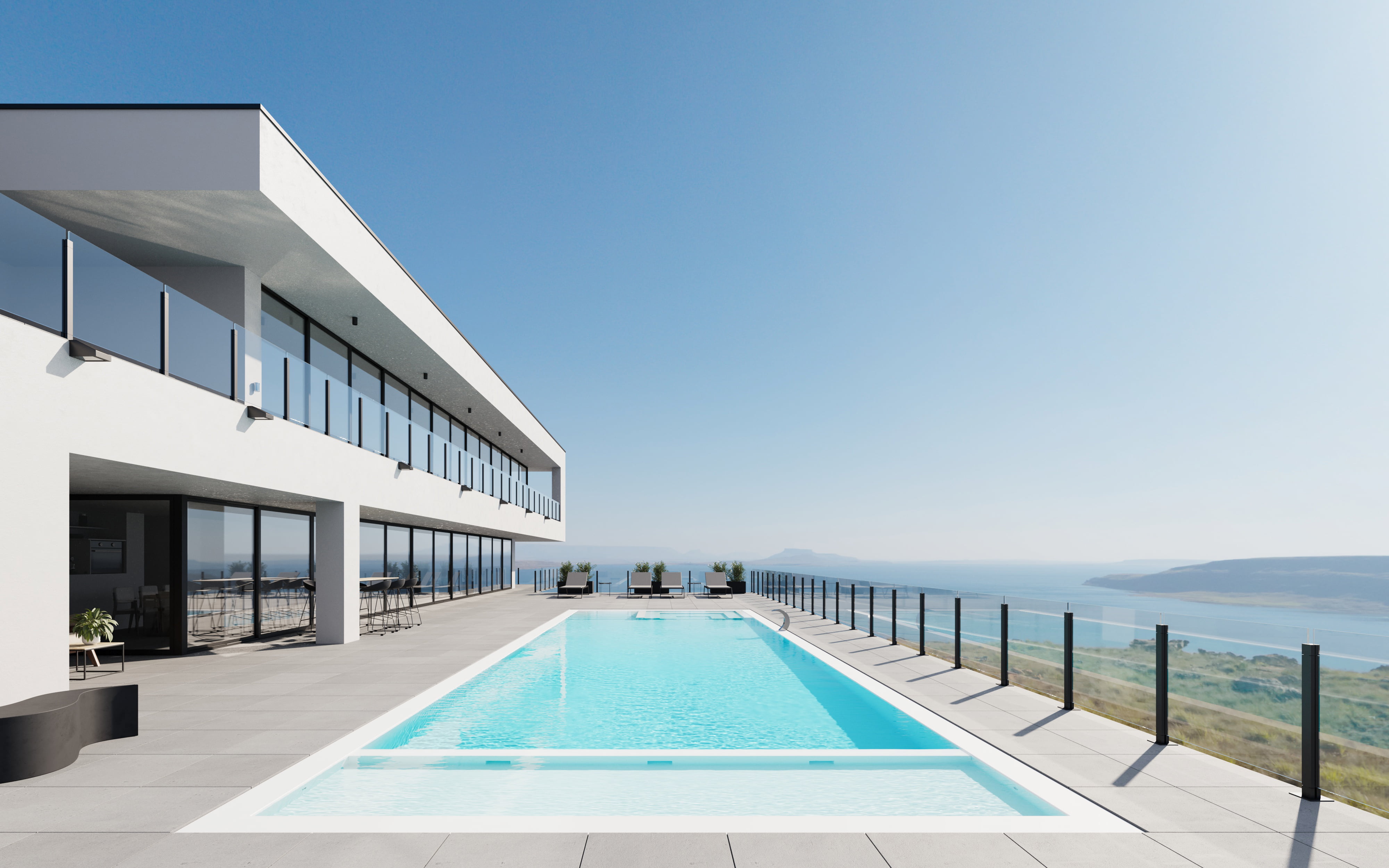 Pool with a View — photorealistic exterior architectural render with swimming pool